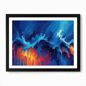 Abstract Image Of A Colorful, Dynamic Wave Form, Resembling A Splash Of Paint Or A Digital Wave, With Blue, White, And Yellow Colors Art Print