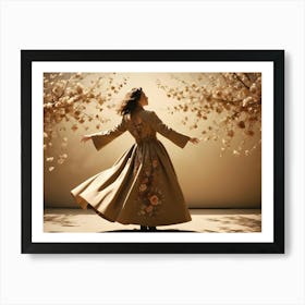 Woman In A Long, Flowing Dress With A Floral Pattern, Dancing In A Studio With Decorative Branches Art Print