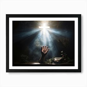 An Ultra Realistic Depiction Of A Hand Raised In A Gesture Of Prayer Emerging From Darkness Into A (1) Art Print