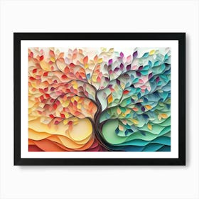 A 3d Abstract Design That Features A Colorful Tree With Hanging Branches And Multicolored Leaves Art Print