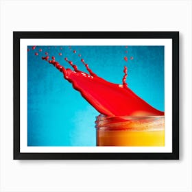 3d Lifelike Milk Flowing With Drops In Shades Of Red Yellow Blue And Orange Against A Turquoise B Art Print