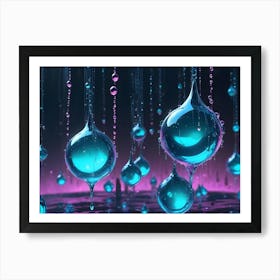 An Abstract Image Of Delicate, Hanging, Glowing Blue Droplets Against A Dark, Pink Background Art Print