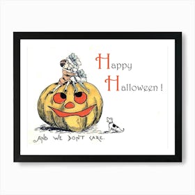 Couple In Love Sitting On A Big Pumpkin, Happy Halloween Art Print