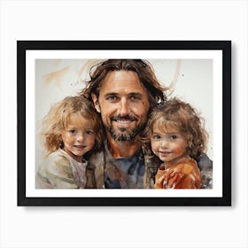 Jesus with little children - watercolor painting. Art Print