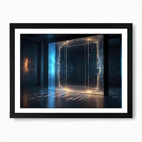 A Modern, Futuristic Space With A Large, Glowing Portal Made Of Digital Lines And Particles Art Print