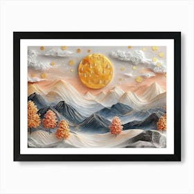 3d Modern Landscape Moon, Golden Christmas Trees, Colorful Mountains 1 Art Print