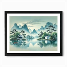 A Serene Traditional Chinese Landscape Painting With Misty Mountains In The Background 1 Art Print