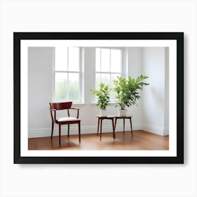 A Minimalist Interior With A White Wall, A Hardwood Floor, A Chair, Two Side Tables, And Two Potted Plants Art Print