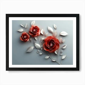 3d Art With Red, Rose Simple Floral Painting Light Gray Background Art Print