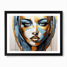 Grey Blue And Gold Floating Colors Painting Girl Face Portrait Art Print