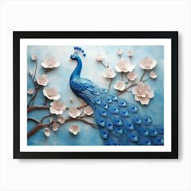 3d Background Blue Peacock on Branch 1 Art Print