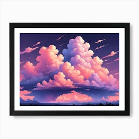 Large, Fluffy Pink And Purple Clouds Gather Above A Silhouetted Landscape At Sunset Art Print