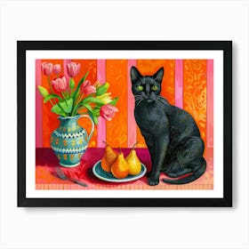 Black Cat With Pears 1 Art Print