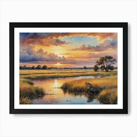 Wild Majesty: Africa's Open Fields Alligators At Sunset Art Print