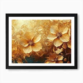 Golden Floral Background, Abstract Vintage Flower Golden Nature Art Print