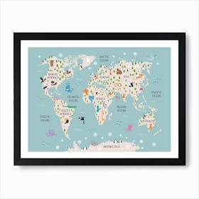 Kids Animal World Map In Blue Art Print