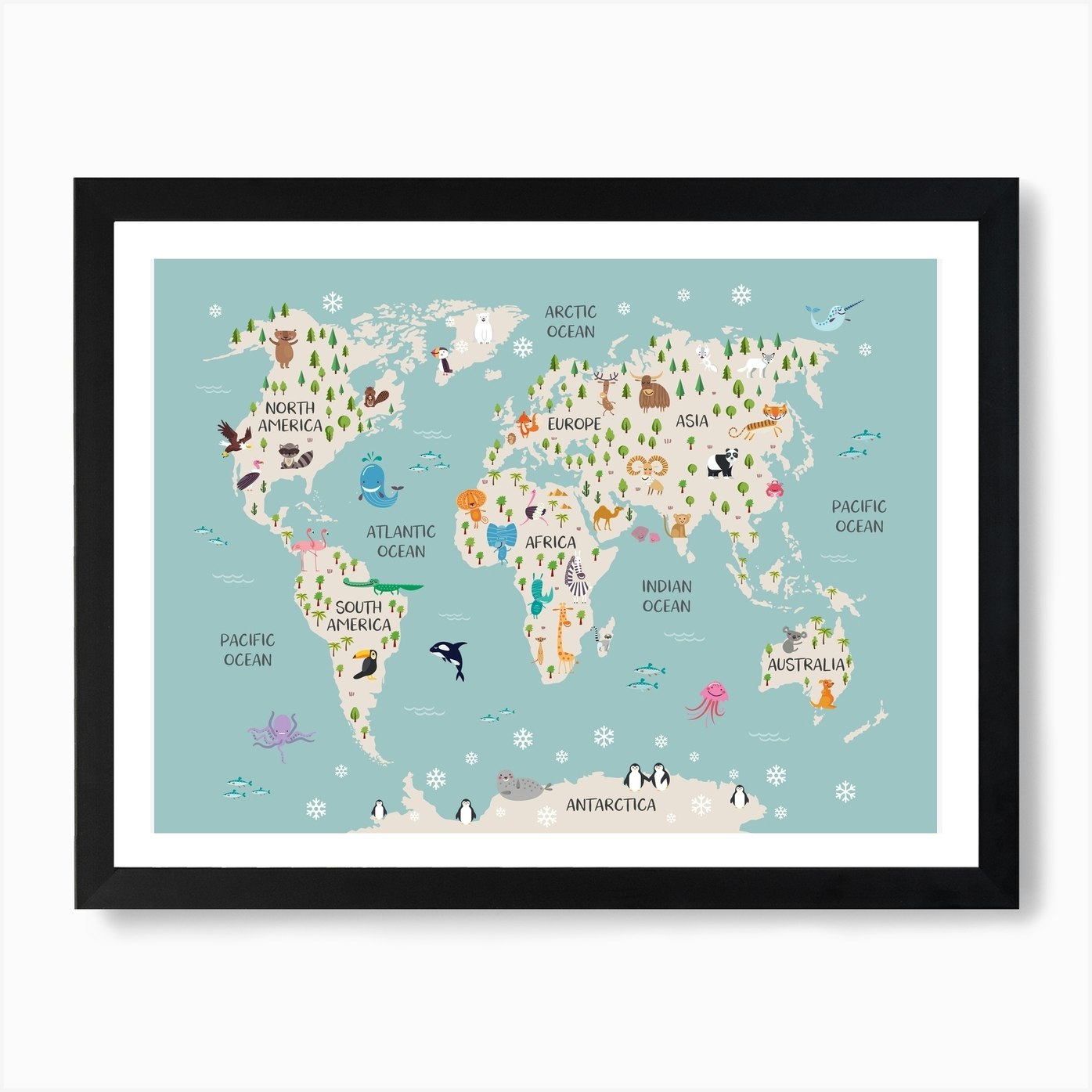kids animal world map in blue art print by piccalilli prints fy