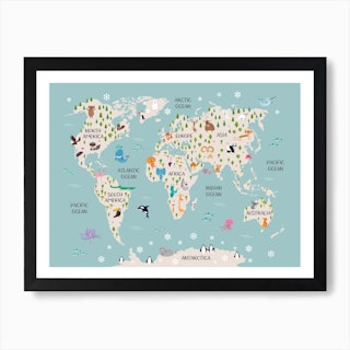 Kids Animal World Map In Blue Art Print