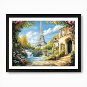 Beautiful View of The Eiffel Tower with Access to the Garden with Old Houses Flowers Art Print