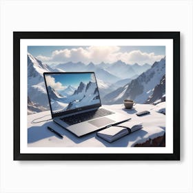 A Laptop With A Mountain Landscape Displayed On The Screen, Resting On A Snowy Rock Formation With A Notebook, Pen And Cup Of Coffee Art Print