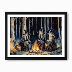 Witches Gather Round The Fire ~ Witchy Spellcasting Spooky Fairytale Watercolour  Art Print