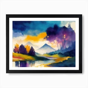 landscape with a mill, trees, river and mountains Art Print