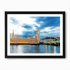 Houses Of Parliament, Big Ben And Westminster Bridge Illuminated At Dusk, London, England Art Print