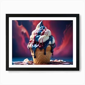 A Melting Ice Cream Cone With Blue And Red Sauce Dripping Down The Sides, Set Against A Colorful, Abstract Background Art Print