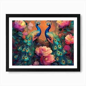 Peacocks And Roses Art Print