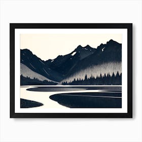 Black And White  Of A Mountain Lake Art Print