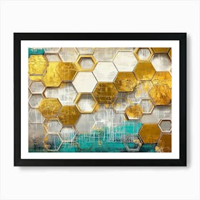 A Rich Oil On Golden Hexagons, White Lattice, And Splashes Art Print