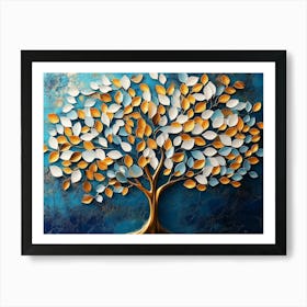 Colorful Tree with Leaves on Hanging Branches of Blue, White and Golden Illustration Art Print