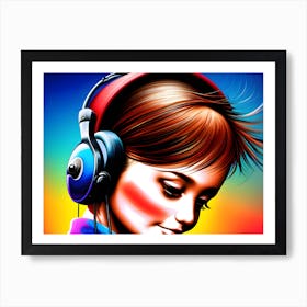 Girl With Headphones Art Print