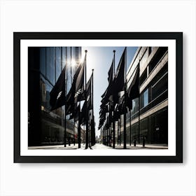 Super Black Flags Contrasting Sharply Against The Hyper White Surface Of A Shopfront Caught In The Art Print