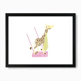 Giraffe Wearing A Tie Swinging On A Pink Wafer, Fun Circus Animal, Cake, Biscuit, Sweet Treat Print, Landscape Art Print