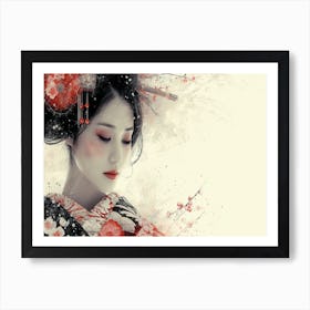Geisha Grace: Elegance in Burgundy and Grey. Geisha Art Print
