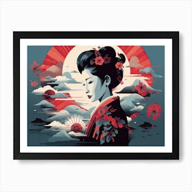 Blue And Red Geisha Art Print