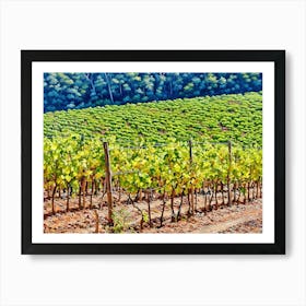 Under the Vineyard Shade. A tranquil scene of a vineyard stretching across sunlit hills, framed by the sprawling branches of a sturdy tree, evoking serenity and natural beauty. 1 Art Print