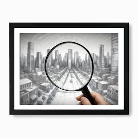 A Hand Holding A Magnifying Glass Over A Sketch Of A City Skyline Art Print