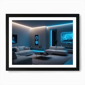 A Modern Living Room With Two White Sofas, A Coffee Table, And A Large Tv With A Smart Home Interface Displayed On The Screen Art Print