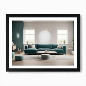 A Modern Living Room With A Teal Wall, A Teal Sofa, And A Wooden Coffee Table Art Print