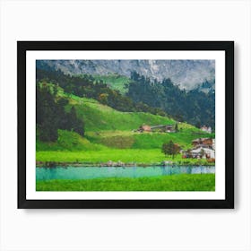 Serene Village Near Mountains And River, Oil Painting Art Print