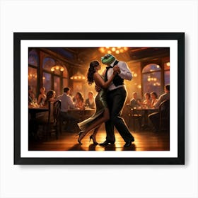 Argentine Tango Dance Male And Female Frogs Embracing And Moving Gracefully On A Polished Wooden Fl 1 Art Print