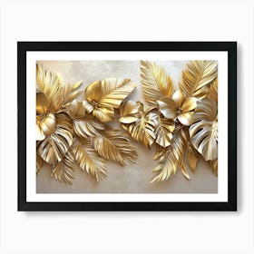 Gold Floral Plants And Palm Leaves 3d Illustration, Grey Background, Abstract Tropical Leaves, Banana Leaves 2 Póster