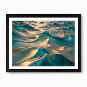 Abstract Image Of A Surface Resembling Waves Or Water, With A Metallic Sheen In Shades Of Blue And Gold Art Print