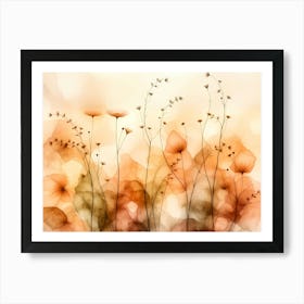 "Ephemeral Whispers of Ochre Bloom" presents a dreamlike and ethereal floralscape rendered in delicate washes of ochre, sepia, and soft creams. Slender stems, like whispered lines, rise gracefully, supporting translucent, almost spectral blooms that seem to hover in a gentle breeze. The watercolor-like application creates a sense of fluidity and impermanence, with edges softly blurring and colors subtly blending, evoking the fleeting beauty of a fading memory or a whispered secret of nature. The background is an atmospheric blend of diffused light and subtle tonal variations, allowing the delicate forms of the flora to take center stage. The artwork captures a moment of quiet contemplation, a fleeting glimpse into the transient beauty and delicate fragility of the natural world. This piece explores the ephemeral nature of beauty and the quiet language of the natural world. The title, "Ephemeral Whispers of Ochre Bloom," suggests both the fleeting existence of the flowers and the subtle, almost inaudible messages they convey. The ochre and sepia tones lend a vintage or nostalgic feel, hinting at the cyclical nature of life and the enduring presence of natural forms through time. The translucent petals evoke a sense of fragility and the delicate balance of ecosystems. The slender, reaching stems symbolize growth, resilience, and the quiet persistence of life. "Ephemeral Whispers of Ochre Bloom" invites the viewer to pause and appreciate the subtle beauty that often goes unnoticed, to listen to the silent stories whispered by the plants, and to reflect on the transient yet profound moments of natural grace. It is a meditation on the beauty of impermanence and the delicate interconnectedness of life. Art Print