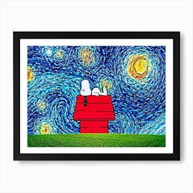 dog sleep red house Starry Night Van Gogh Parody Art Print