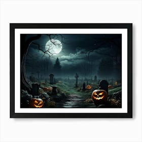 Art Landscape Pumpkin Holiday Design Halloween Fear Moon Skittish Green Grave Dark Scene (36) Art Print