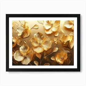 Golden Floral Background, Gold Flowers, 4k Abstract Vintage Flower, Luxurious Nature Art Print