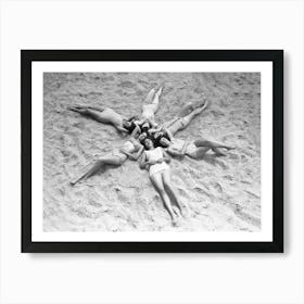 Women Making a Star in the Sand at Beach, Vintage Black and White Old Photo Art Print